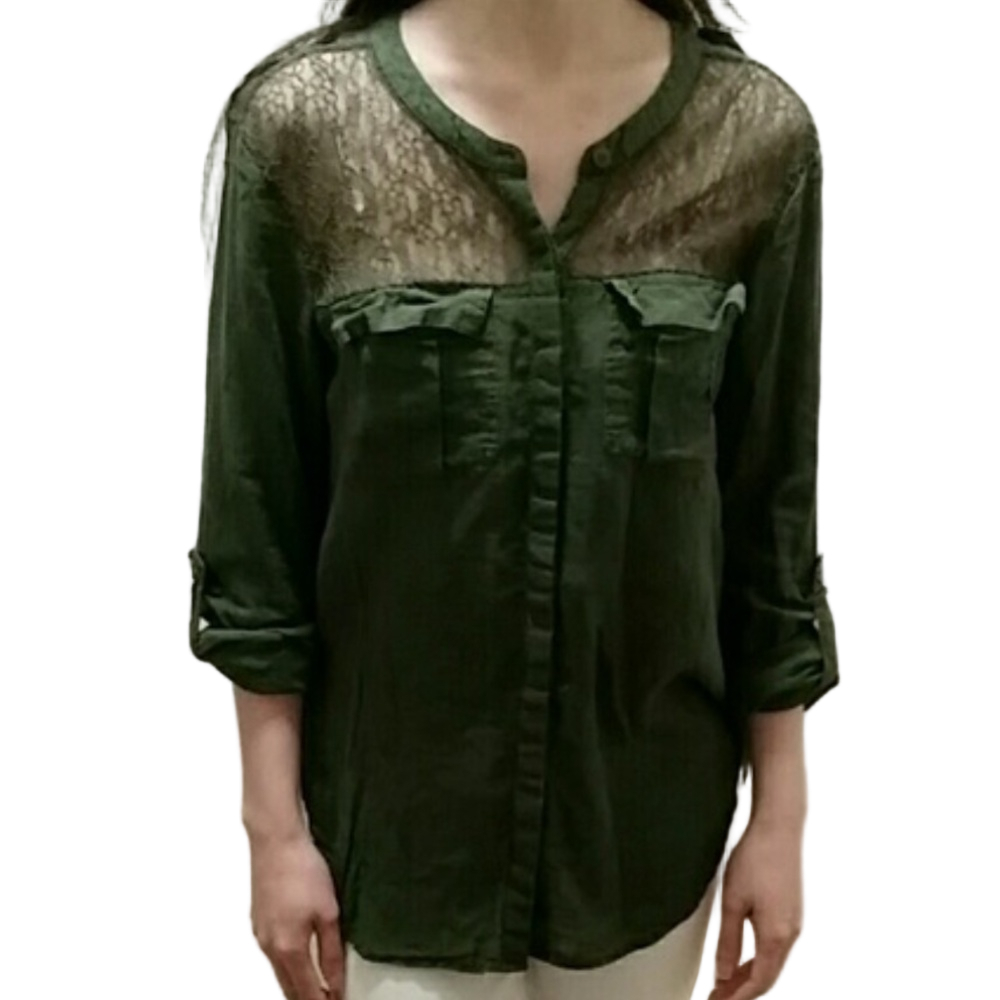 Free People Olive Green Lace Back Women's‎ Top blouse office casual small